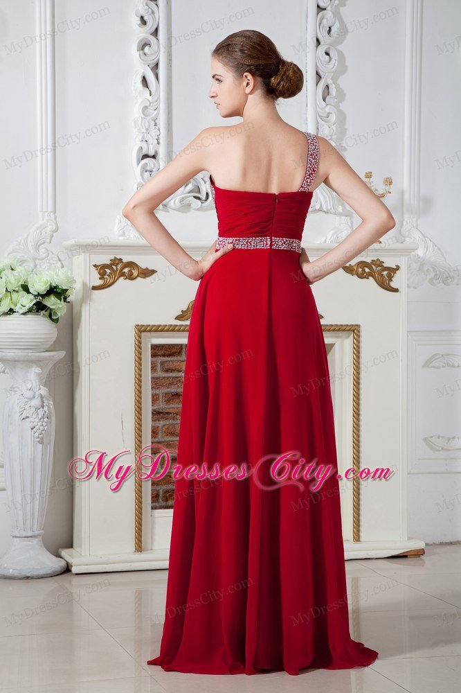 Empire One Shoulder Chiffon Ruches and Beading Red Prom Dress