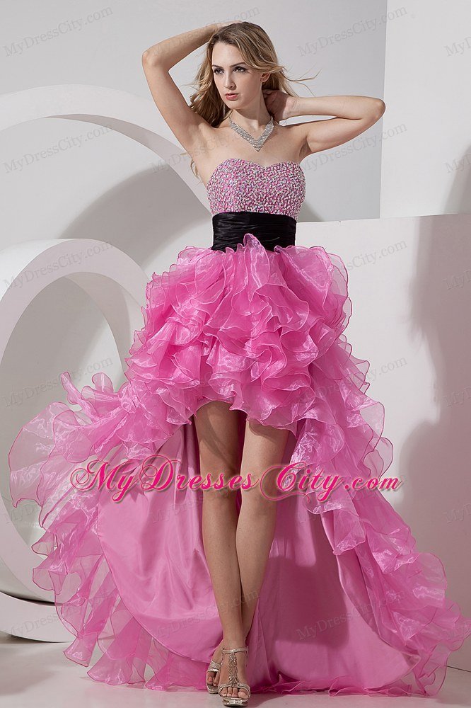 Sweetheart Organza Beading Ruffled Rose Pink High-low Prom Dress