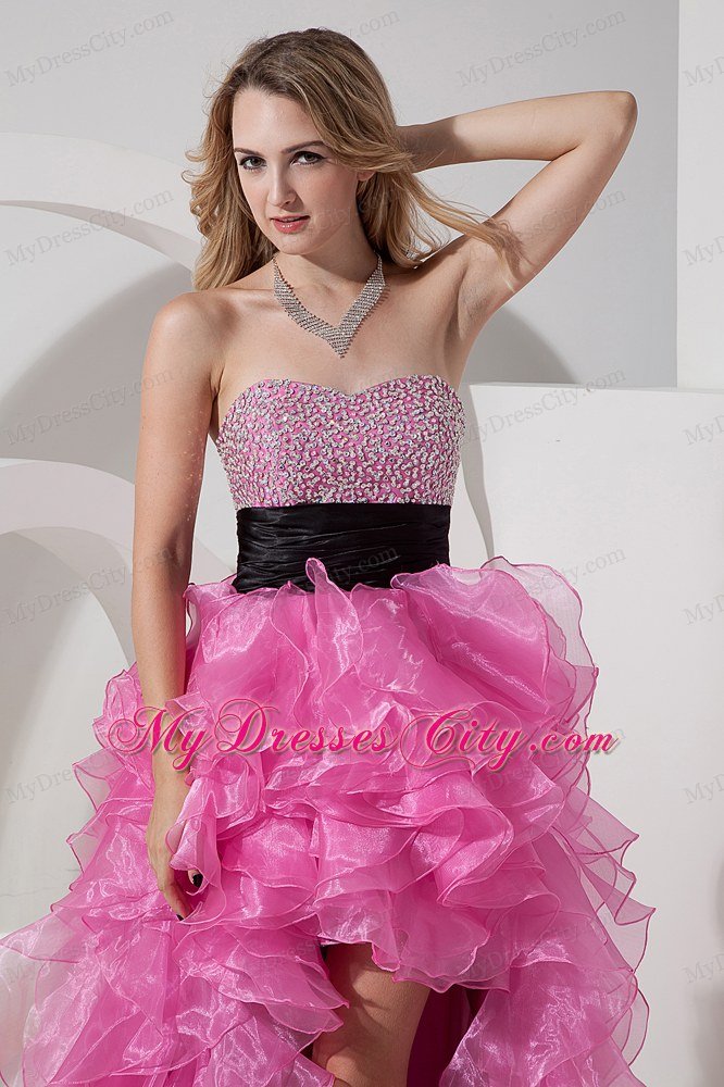 Sweetheart Organza Beading Ruffled Rose Pink High-low Prom Dress