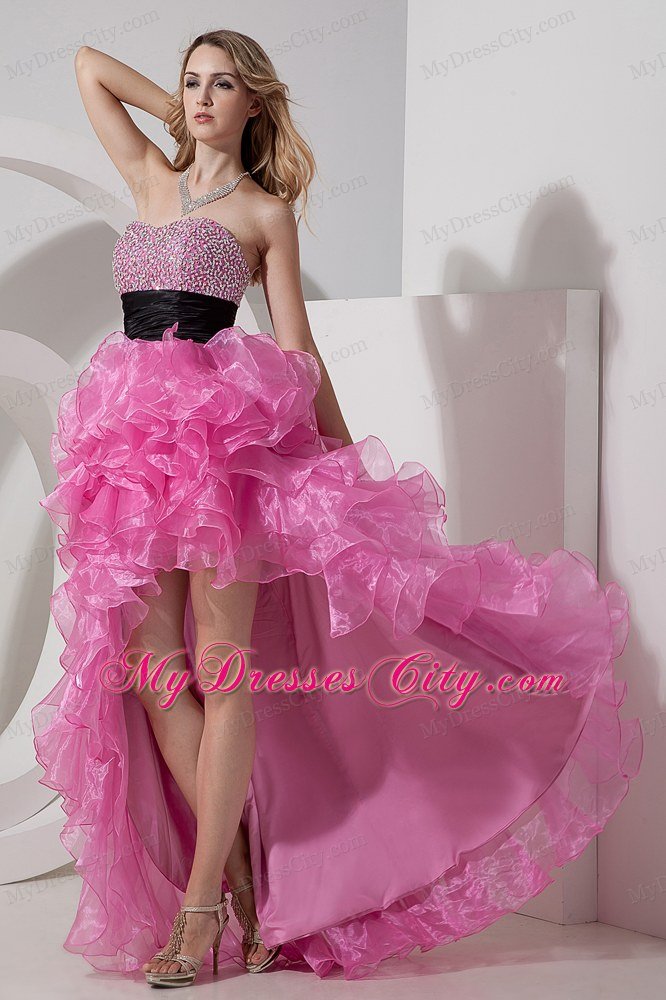 Sweetheart Organza Beading Ruffled Rose Pink High-low Prom Dress