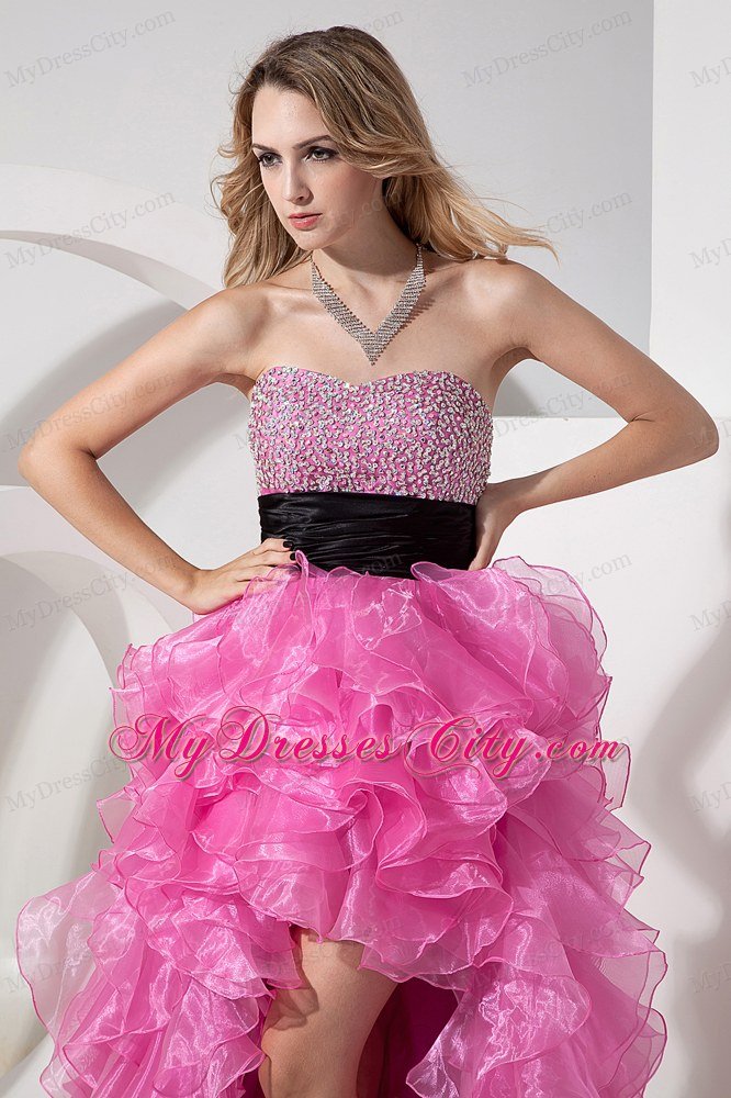 Sweetheart Organza Beading Ruffled Rose Pink High-low Prom Dress