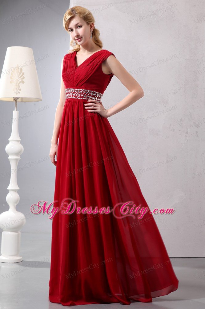 Beaded Chiffon Empire V-neck Ruched Red Prom Dress