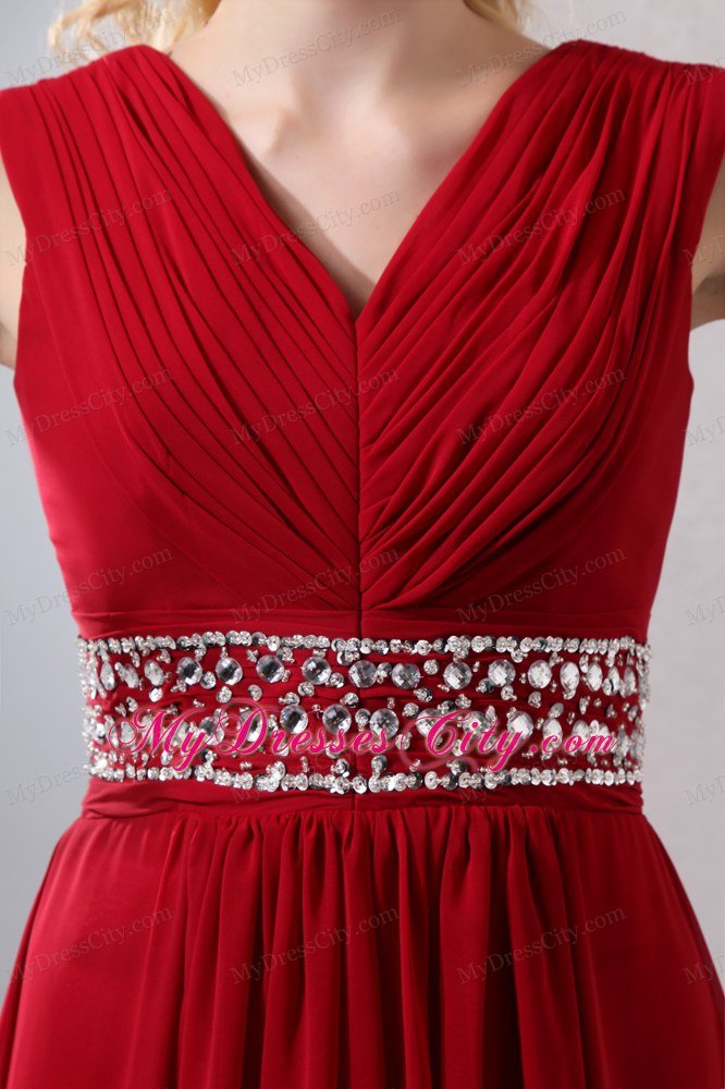 Beaded Chiffon Empire V-neck Ruched Red Prom Dress