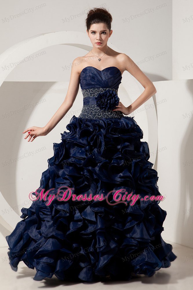 Ruffled Sweetheart Organza Navy Blue Prom Gowns with Jacket