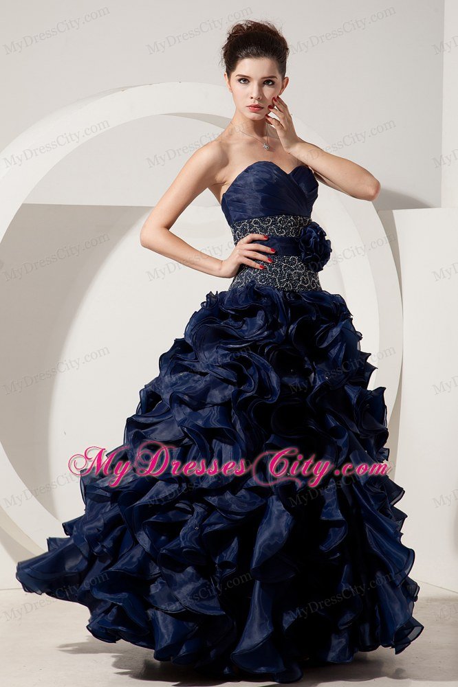 Ruffled Sweetheart Organza Navy Blue Prom Gowns with Jacket