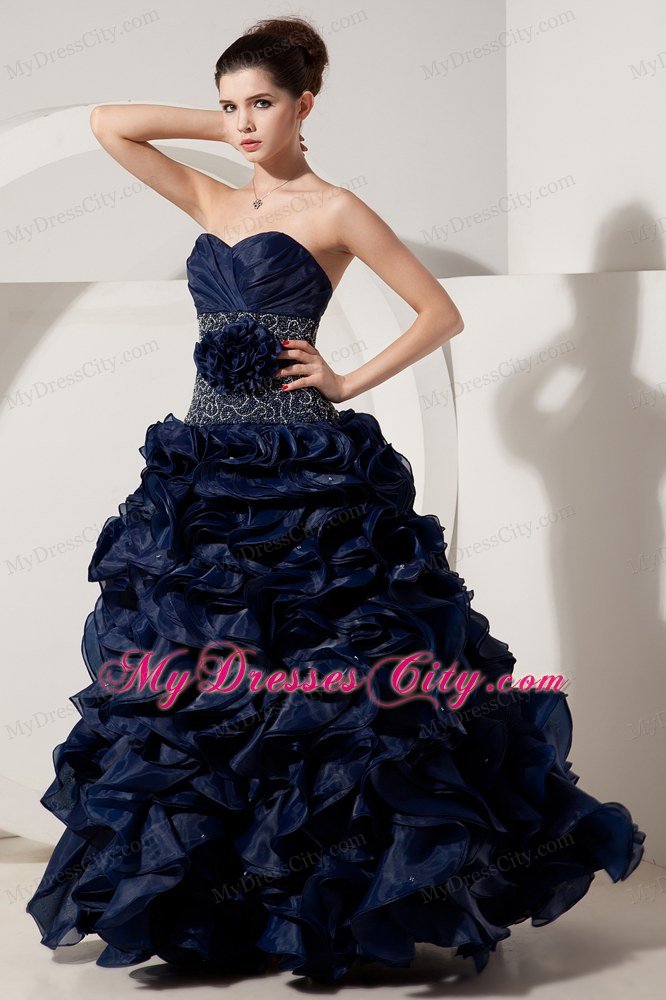 Ruffled Sweetheart Organza Navy Blue Prom Gowns with Jacket