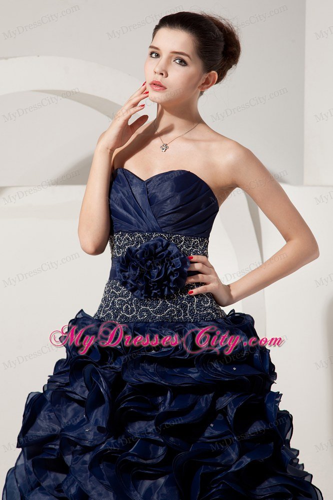 Ruffled Sweetheart Organza Navy Blue Prom Gowns with Jacket