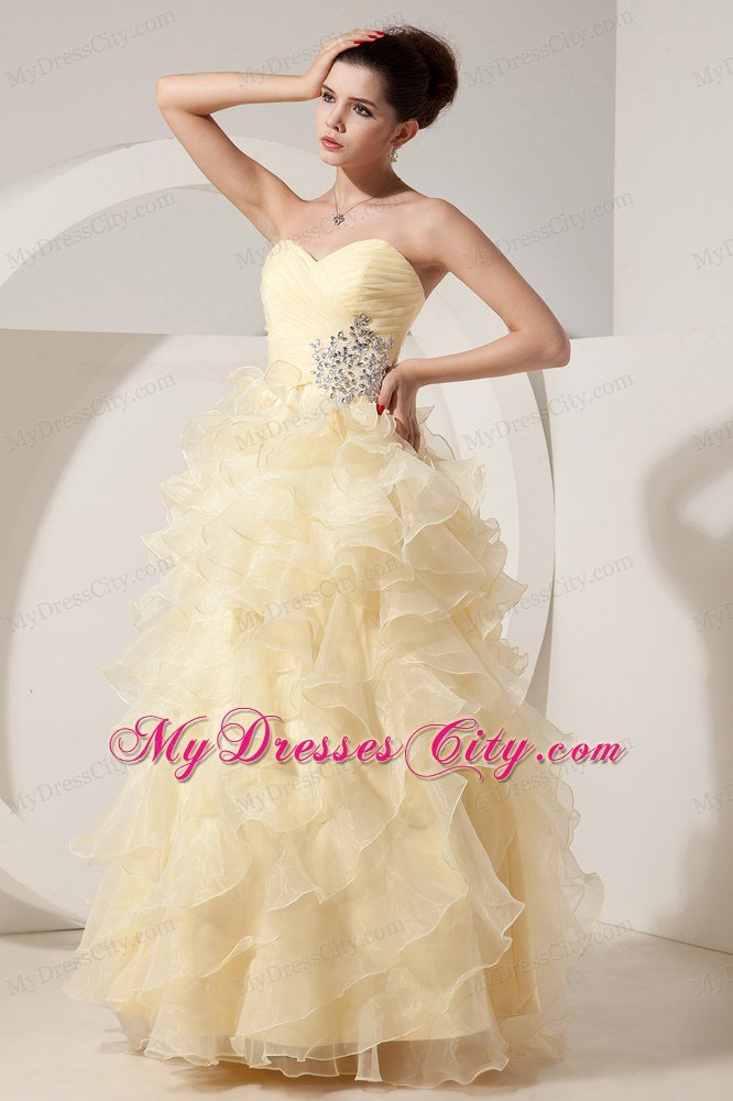 Light Yellow Organza Princess Sweetheart Ruffled Prom Dress for Women