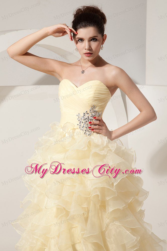 Light Yellow Organza Princess Sweetheart Ruffled Prom Dress for Women