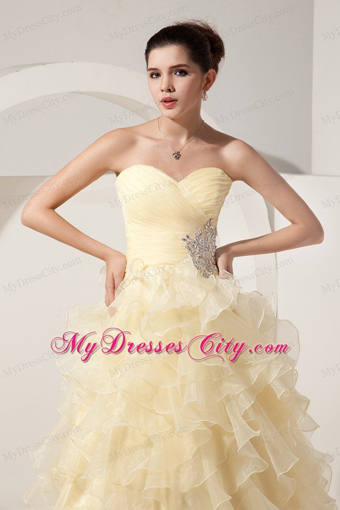 Light Yellow Organza Princess Sweetheart Ruffled Prom Dress for Women