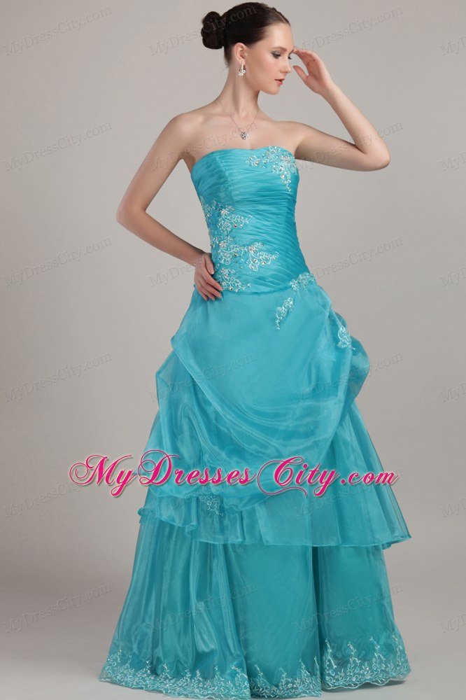 Organza Strapless Long Appliques and Beading Ruched Prom Dress