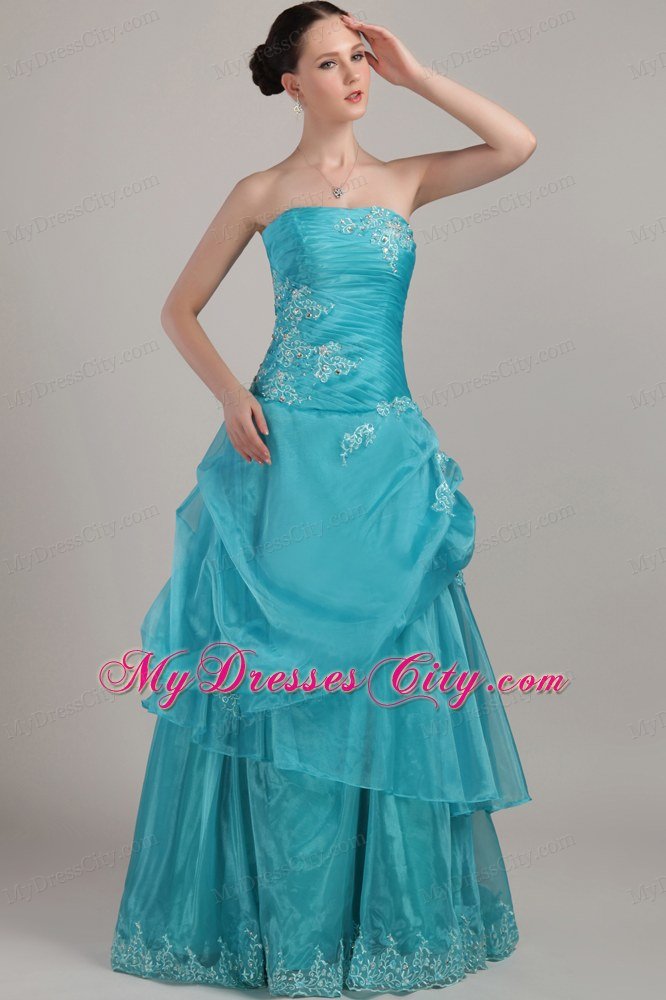 Organza Strapless Long Appliques and Beading Ruched Prom Dress