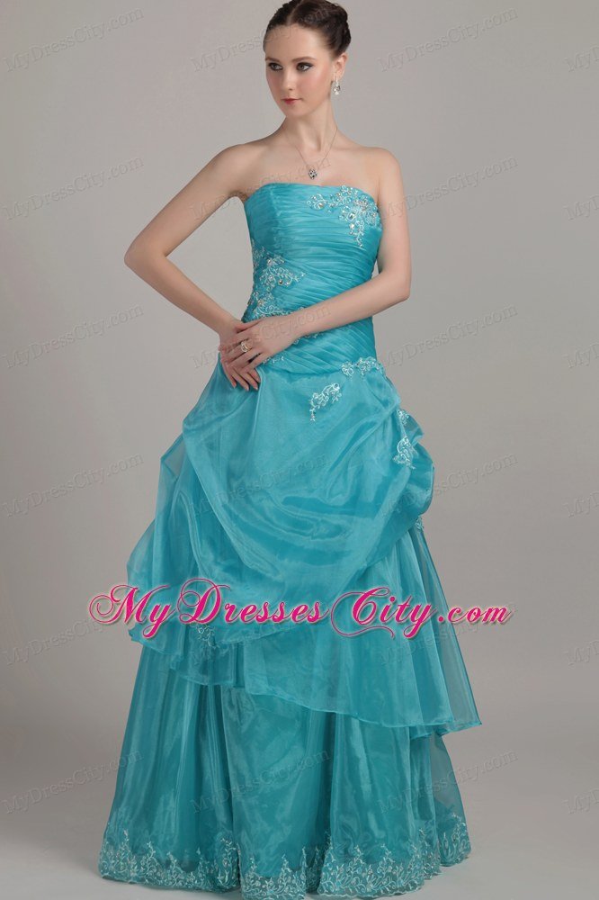 Organza Strapless Long Appliques and Beading Ruched Prom Dress