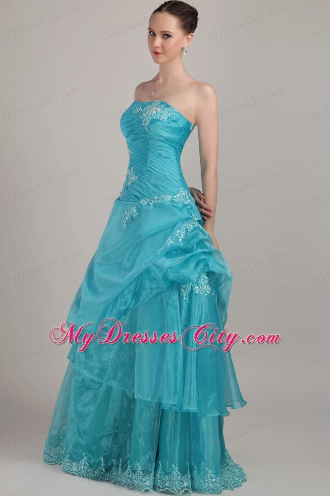 Organza Strapless Long Appliques and Beading Ruched Prom Dress