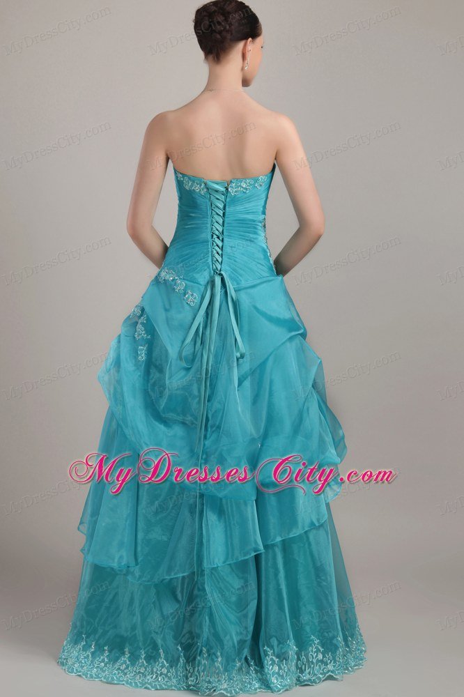 Organza Strapless Long Appliques and Beading Ruched Prom Dress