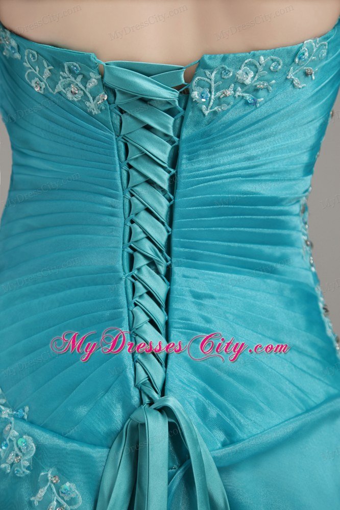 Organza Strapless Long Appliques and Beading Ruched Prom Dress