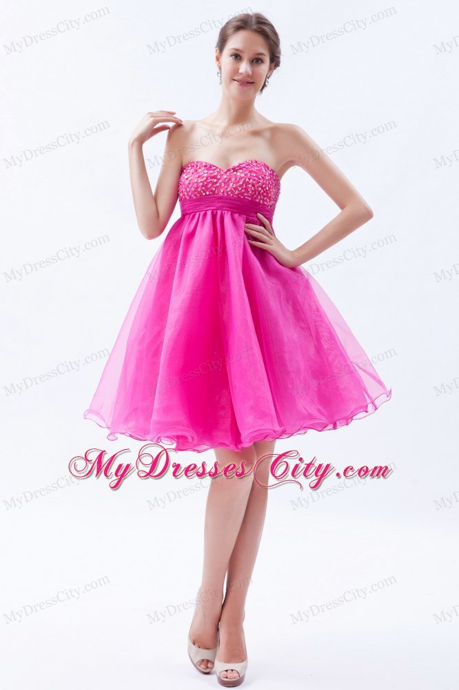 Organza A-line Sweetheart Mini-length Hot Pink Prom Dress with Beading