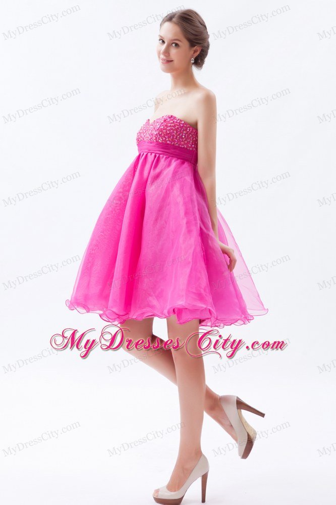 Organza A-line Sweetheart Mini-length Hot Pink Prom Dress with Beading