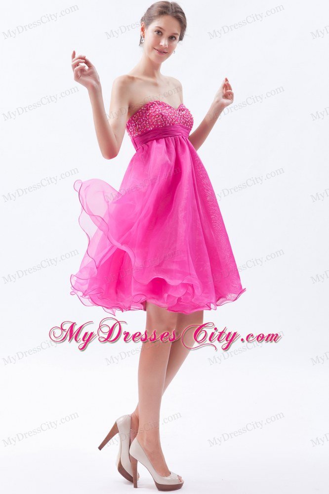 Organza A-line Sweetheart Mini-length Hot Pink Prom Dress with Beading