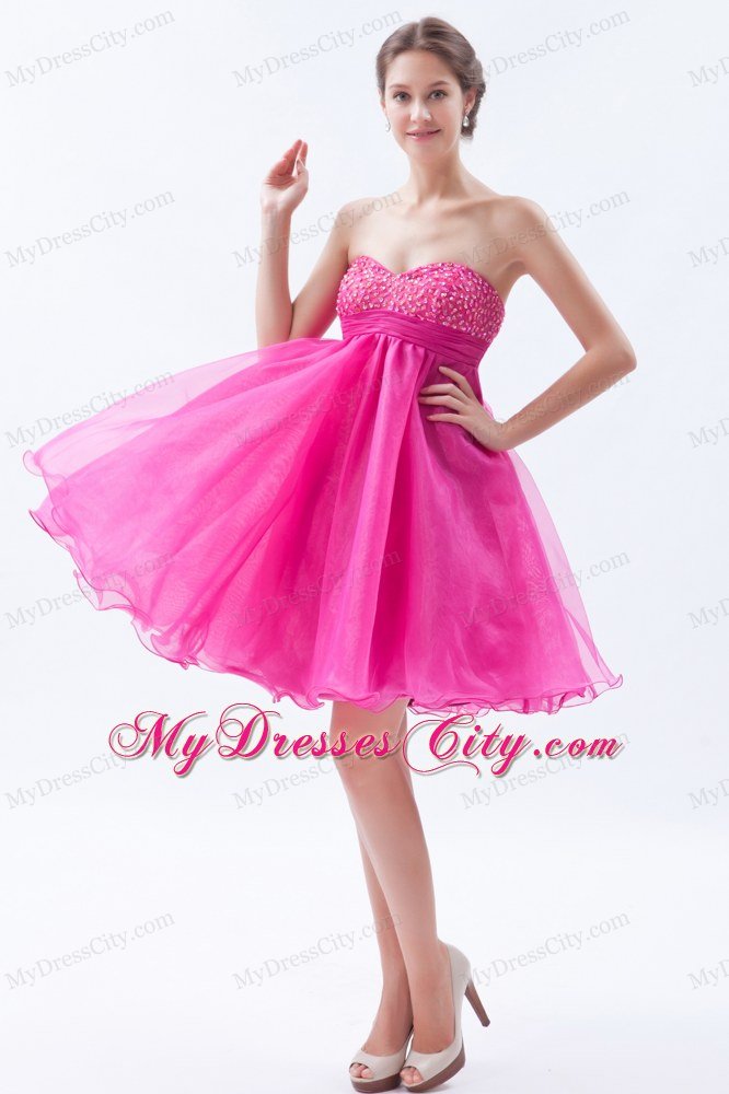 Organza A-line Sweetheart Mini-length Hot Pink Prom Dress with Beading