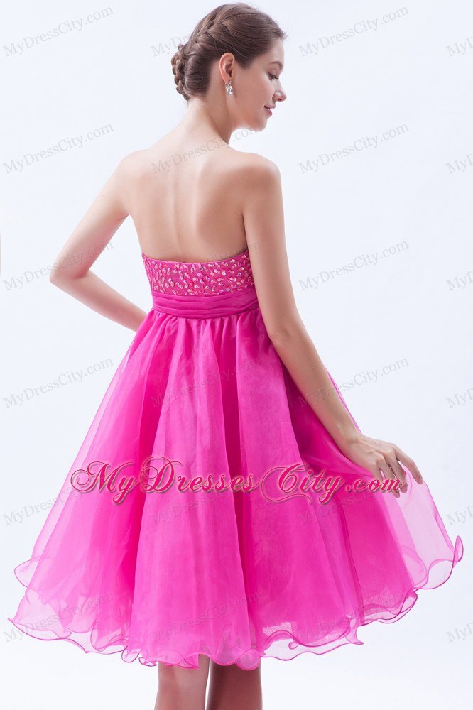 Organza A-line Sweetheart Mini-length Hot Pink Prom Dress with Beading