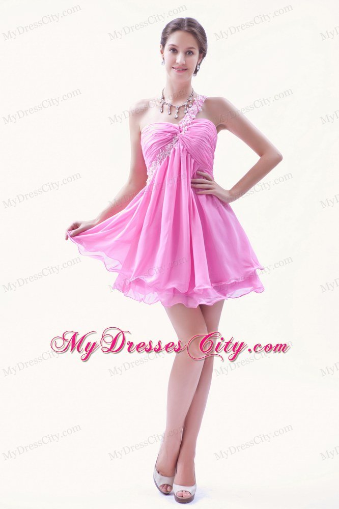 Single Shoulder Chiffon Appliques Rose Pink Mini-length Dress for Prom