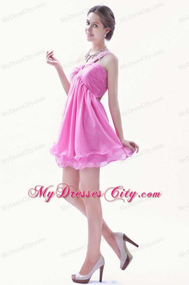 Single Shoulder Chiffon Appliques Rose Pink Mini-length Dress for Prom