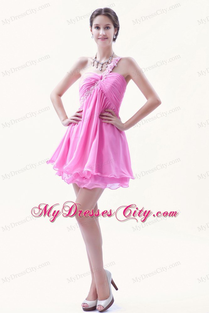 Single Shoulder Chiffon Appliques Rose Pink Mini-length Dress for Prom