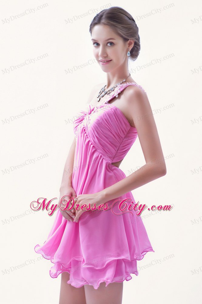 Single Shoulder Chiffon Appliques Rose Pink Mini-length Dress for Prom