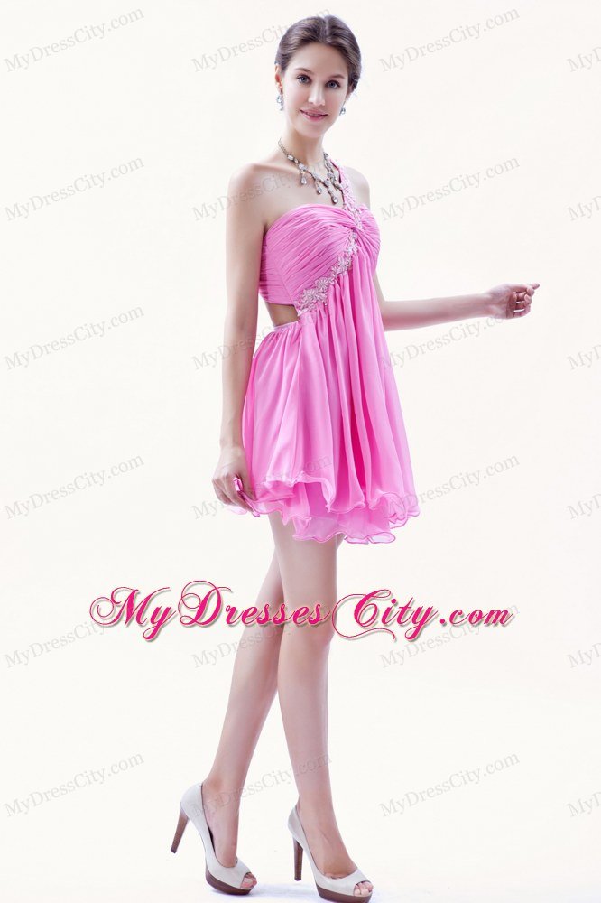 Single Shoulder Chiffon Appliques Rose Pink Mini-length Dress for Prom