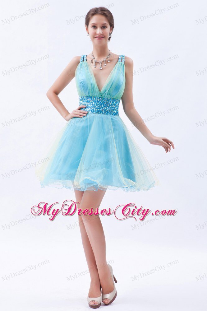 Organza A-line Princess V-neck Beading 2013 Blue Prom Dress for Girls