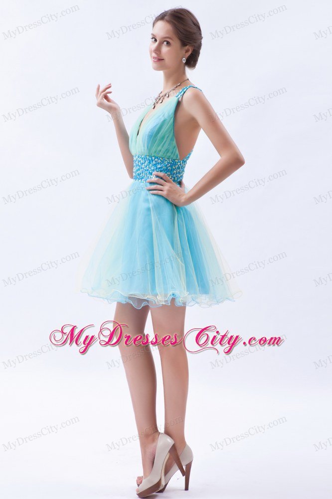 Organza A-line Princess V-neck Beading 2013 Blue Prom Dress for Girls