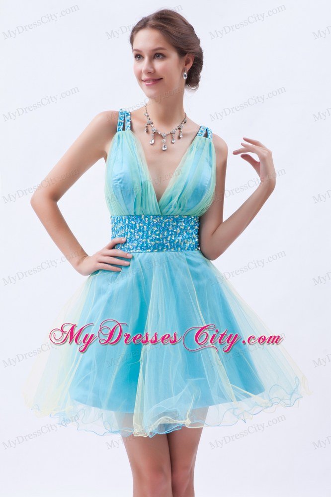 Organza A-line Princess V-neck Beading 2013 Blue Prom Dress for Girls