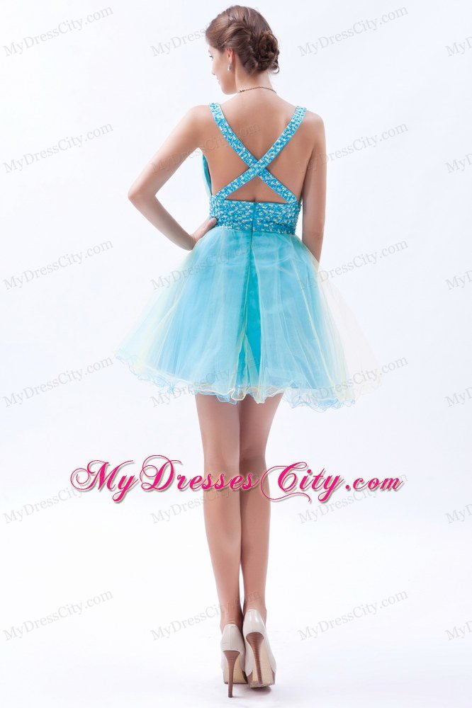 Organza A-line Princess V-neck Beading 2013 Blue Prom Dress for Girls