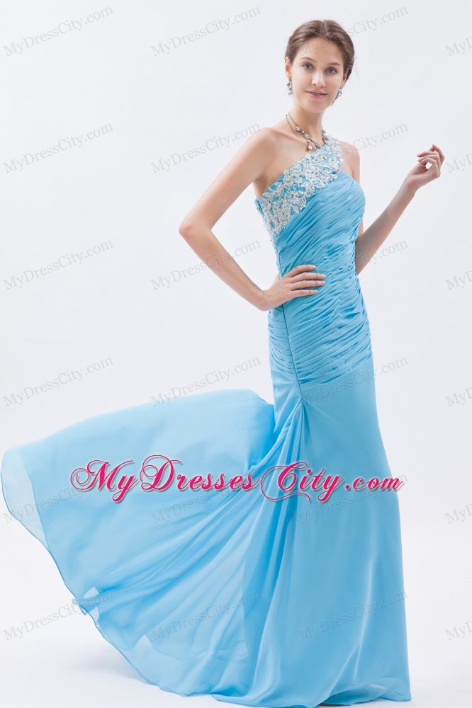 Ruched Mermaid One Shoulder Brush Train Baby Blue Prom Dress