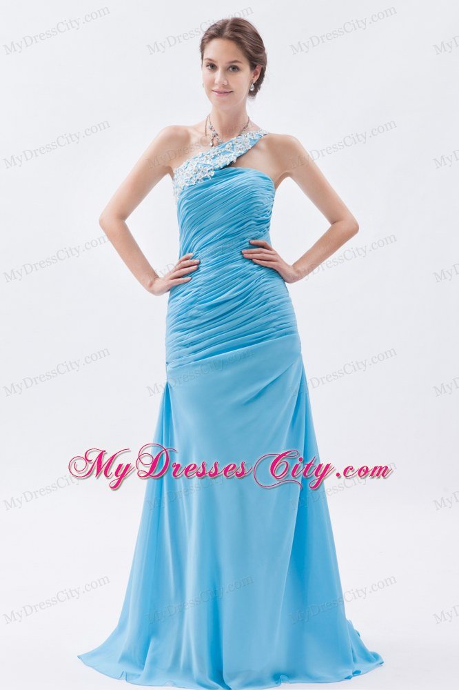 Ruched Mermaid One Shoulder Brush Train Baby Blue Prom Dress