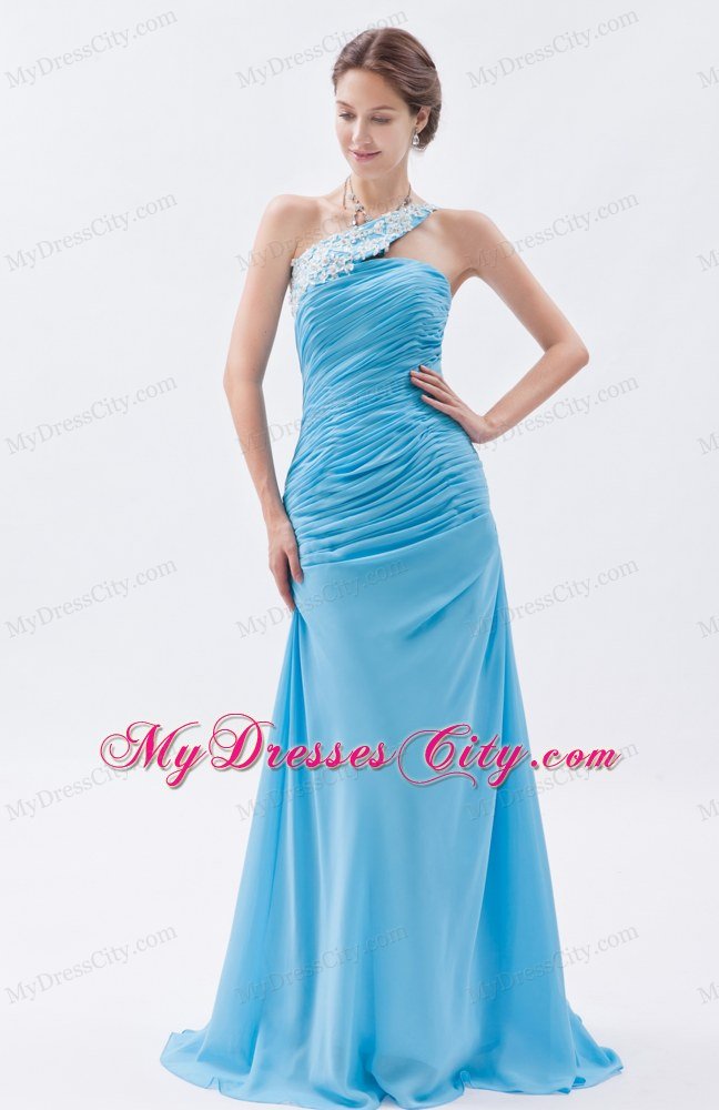 Ruched Mermaid One Shoulder Brush Train Baby Blue Prom Dress