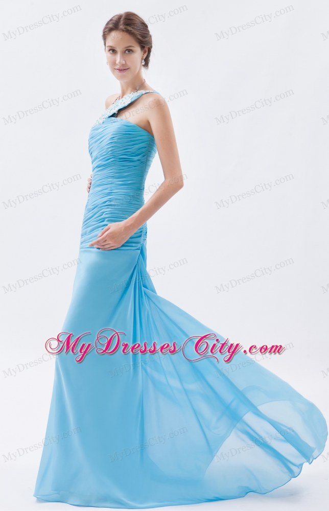 Ruched Mermaid One Shoulder Brush Train Baby Blue Prom Dress