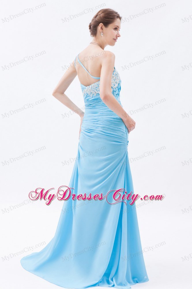 Ruched Mermaid One Shoulder Brush Train Baby Blue Prom Dress