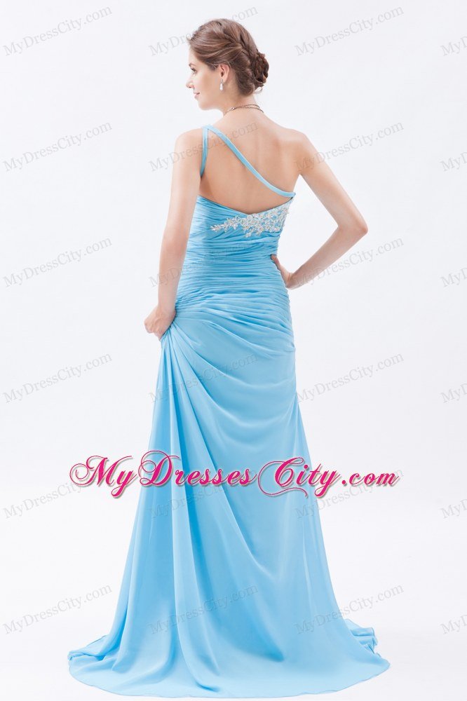 Ruched Mermaid One Shoulder Brush Train Baby Blue Prom Dress