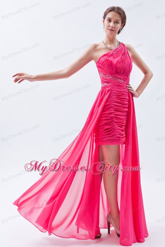 High-low One Shoulder Ruches Hot Pink Chiffon Prom Dress for Girls