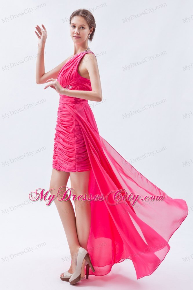 High-low One Shoulder Ruches Hot Pink Chiffon Prom Dress for Girls