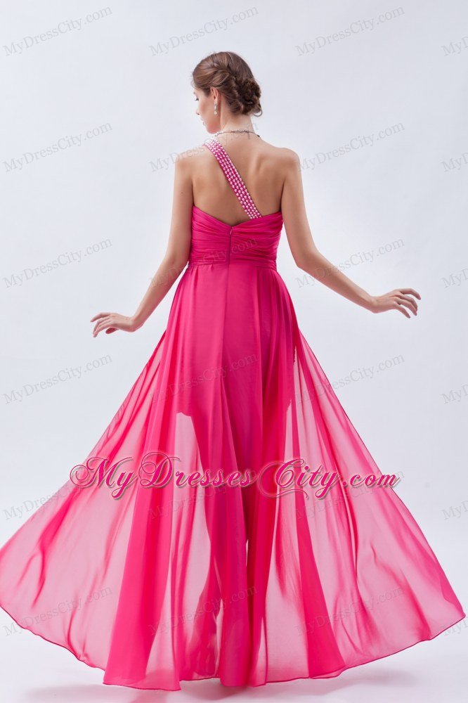 High-low One Shoulder Ruches Hot Pink Chiffon Prom Dress for Girls