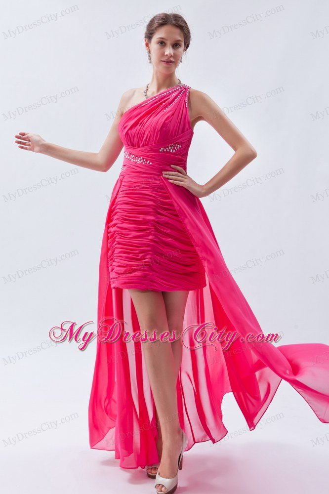 High-low One Shoulder Ruches Hot Pink Chiffon Prom Dress for Girls