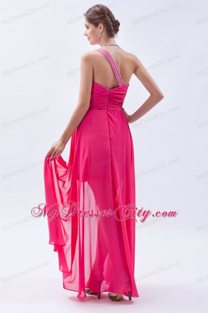 High-low One Shoulder Ruches Hot Pink Chiffon Prom Dress for Girls