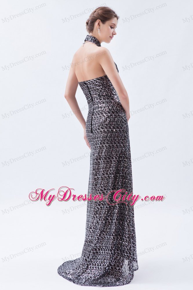 Sheath Sequin Side Cutouts Brush Train Prom Dress with Halter Neck