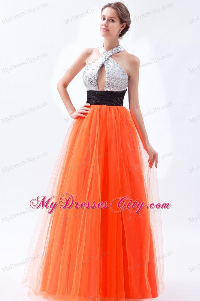 Empire Tulle Sequined Orange Red Prom Dress with Cut Out