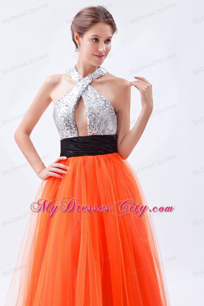 Empire Tulle Sequined Orange Red Prom Dress with Cut Out