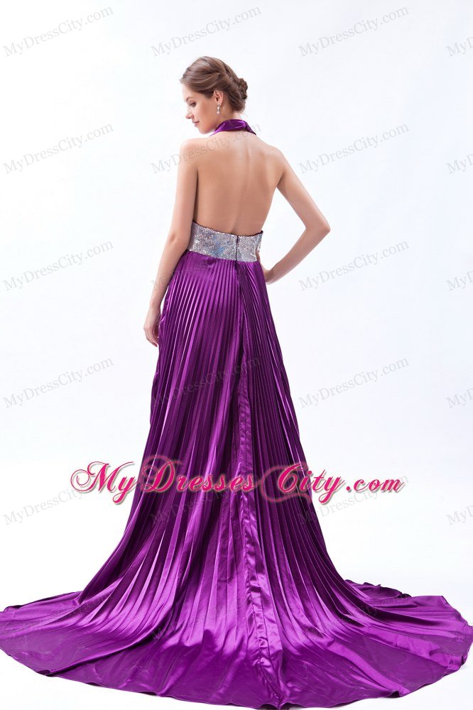 Halter Backless Sequins Pleats Eggplant Purple Prom Dress with Court Train