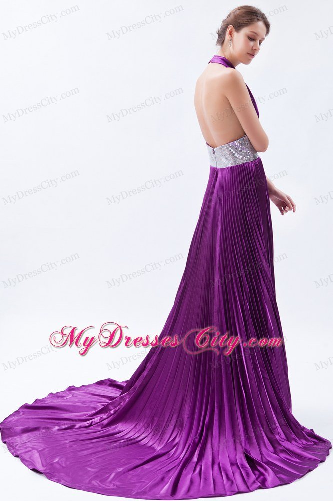 Halter Backless Sequins Pleats Eggplant Purple Prom Dress with Court Train